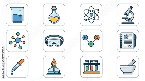 Professional Set of 12 Colorful Scientific Lab Icons Including Beaker Flask Atom Microscope Molecule Goggles Chemical Formula Notebook Pipette Bunsen Burner Test Tubes and Mortar with Pestle