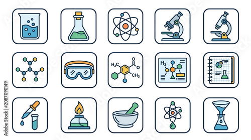 Minimalist Colorful Icons Set Featuring Science Lab Equipment Chemistry Symbols and Safety Gear in Flat Design Style
