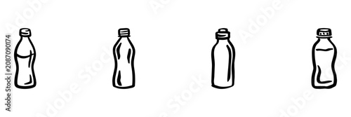 Plastic Bottles In Hand Drawn Style Set. Beverage Container Doodle Sketch Collection. Packaging And Recycling Context. Isolated Vector Illustration