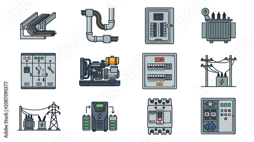 Professional Illustrated Collection of Electrical and Power Equipment Icons in Monochrome and Limited Colors