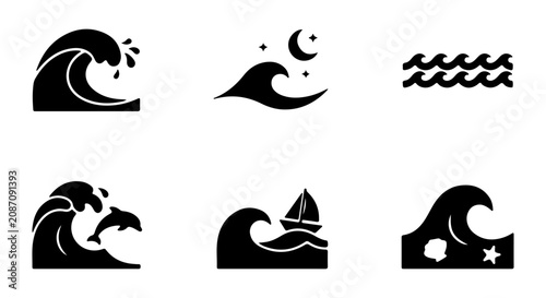 Canvastavla Ocean Wave Icons Set, Nautical Sea Symbols, Marine Water Graphics, Beach Element