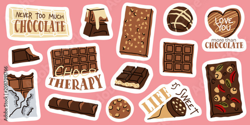 Chocolate quotes typography sticker set hand drawn vector for funny merch