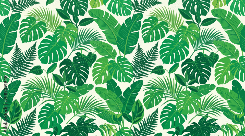 Fototapeta premium Seamless Tropical Jungle Botanical Pattern with Vibrant Green Monstera and Palm Leaves for Elegant Textile and Wallpaper Surface Design