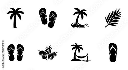 Billede på lærred Tropical Beach Icons: Palm Trees, Flip Flops, Hammock, Leaves Vector Set
