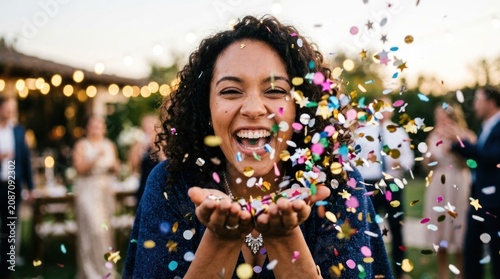 A woman smiling and throwing confetti at a wedding reception.