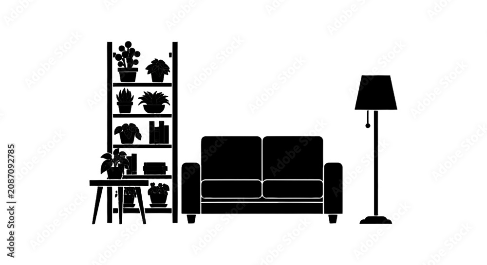 Fototapeta premium Vector illustration of minimalist living room furniture silhouette with sofa, bookshelf and lamp on a transparent background