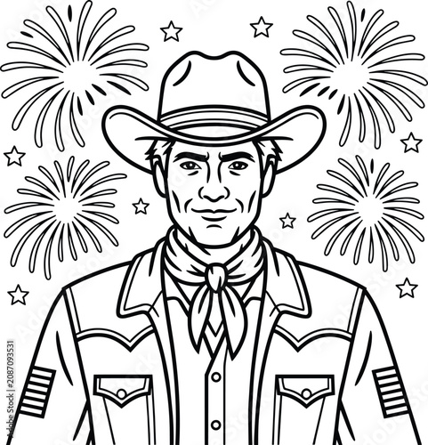 Bild auf Leinwand Cowboy coloring page featuring a smiling man in a western hat and bandana with f