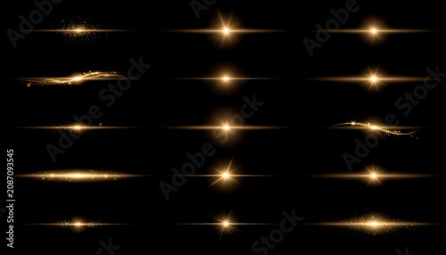 Horizontal glowing golden light streak lines on black 黒背景の金色の水平光ライン線素材 イラスト