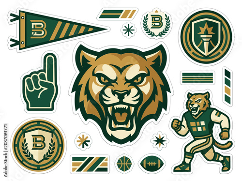 Fotografie Varsity Sports Mascot Sticker Set with Cougar and Team Branding Elements