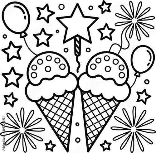 Slika na platnu Ice cream cones with party balloons, star decorations and fireworks, festive cel