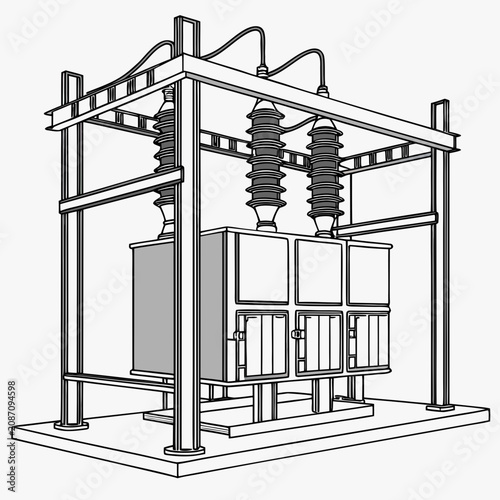 A black and white line of a large electrical transformer unit with metal support frame and voltage overhead power lines