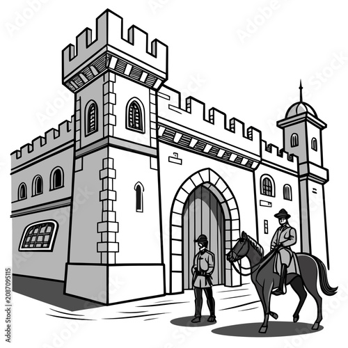 Photos Black and white historical of a stone castle gatehouse with a soldier standing g