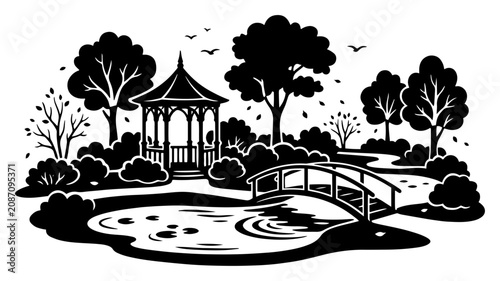 Cuadro en lienzo Garden gazebo with arched bridge and decorative pond in black and white silhouet