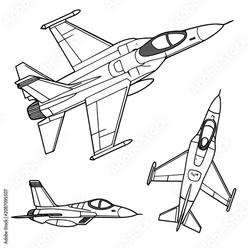 Set of three modern jet fighter aircraft in different angles, black and white line isolated on a white background