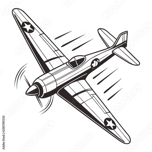 Foto Vintage war ii fighter plane in flight, black and white line with star insignia,