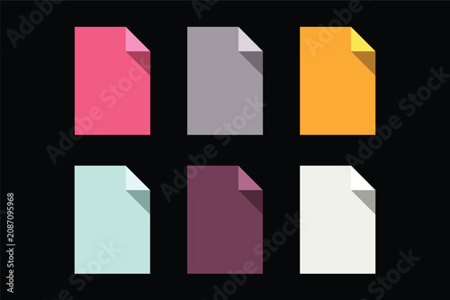 Six flat design document icons with folded corners in various pastel colors on a Grainy black background file