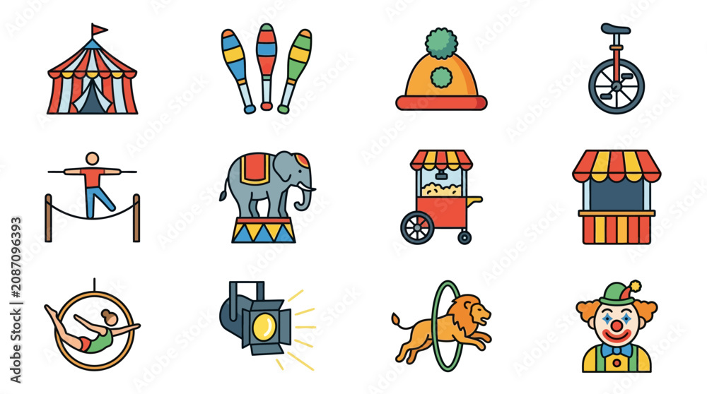 Fototapeta premium Sleek Colorful Circus Themed Icons Set Showcasing Iconic Performers Acts and Attractions in Vibrant Illustrations