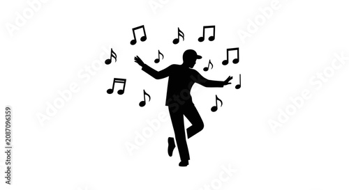 Silhouette of a man dancing joyfully surrounded by musical notes.