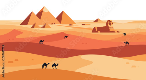 Quadro su tela Camels traverse a desert landscape with pyramids and the Sphinx.