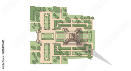 Canvastavla Aerial view of a formal garden with a central tower design