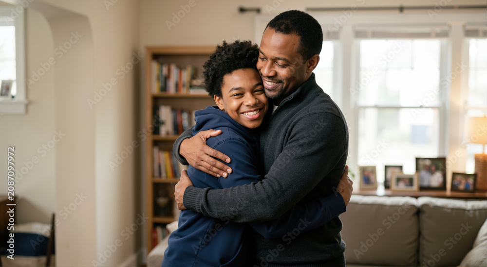 Fototapeta premium Happy Black father and teenage son hugging in a cozy living room. Positive parenting and strong family bond concept