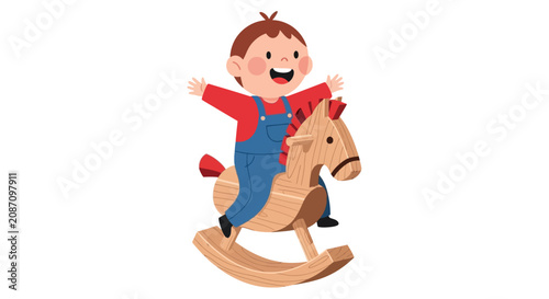 Happy little boy riding a wooden rocking horse illustration