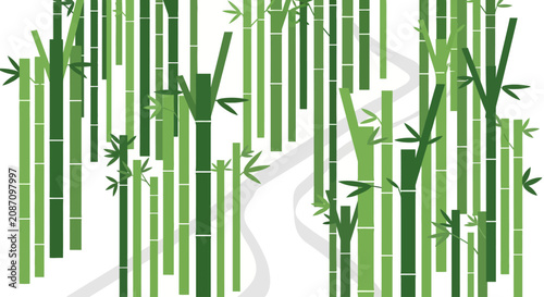 Minimalist vector illustration of a winding path through a lush green bamboo forest.