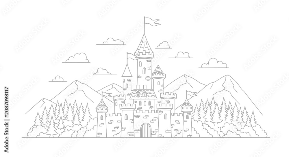 Fototapeta premium Fairytale castle with mountains and trees in outline style