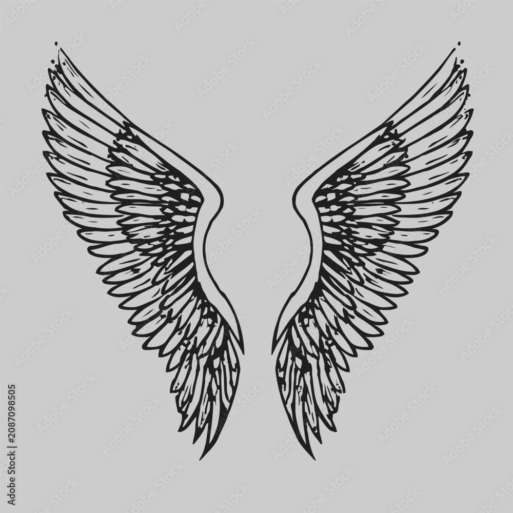 Fototapeta premium Black wing illustration, angel wings, feathered wings, tattoo design, vector wings