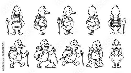 Cartoon Duck Hiker Character Sheet Line Art Vector Illustration