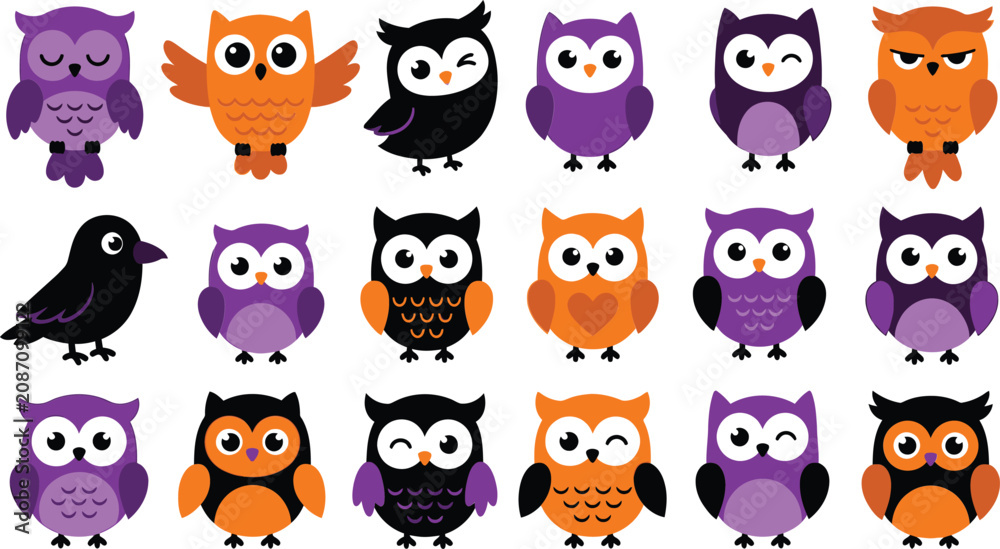 Fototapeta premium Colorful cartoon owl characters in various poses and expressions