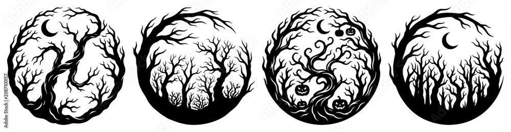 Fototapeta premium Circular set of spooky tree silhouettes with moon and pumpkins in stencil style