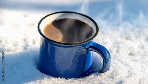 warm beverage in blue mug on snow