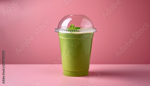 green smoothie in takeaway cup on pink background