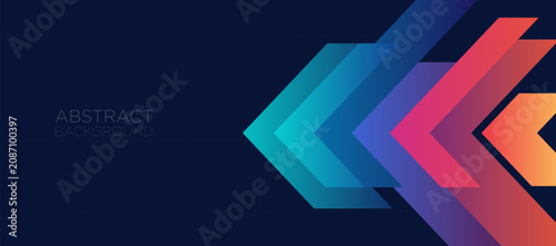 Abstract Technology Background with Colorful Gradient Chevron Shapes on Dark Blue Grid, Modern Digital Banner Template for Business, Innovation and Presentation Design