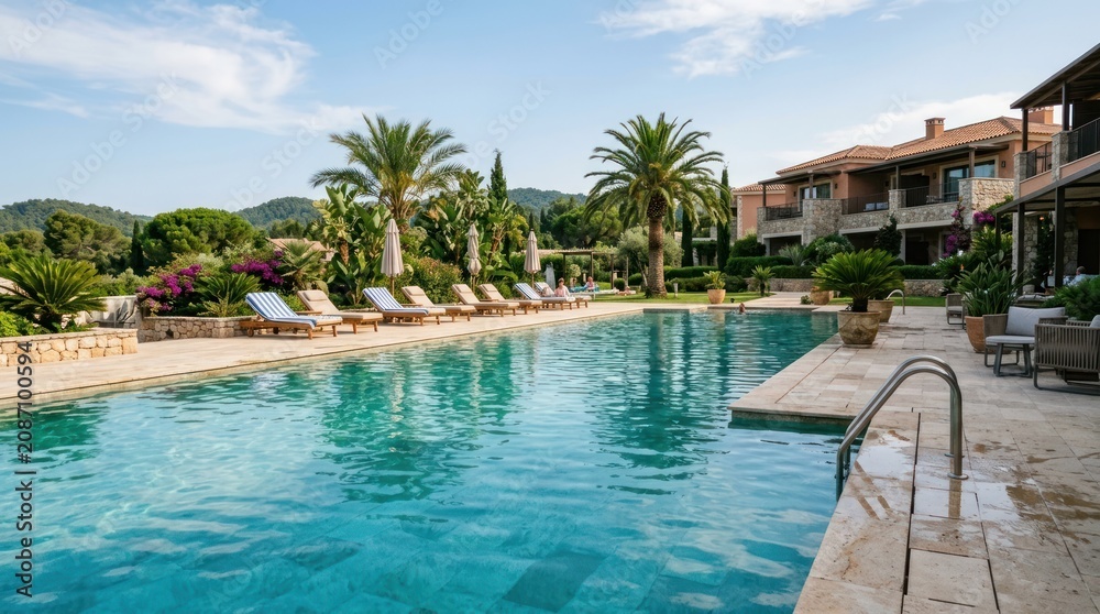 Fototapeta premium A luxurious resort pool with a poolside lounge area and palm trees.