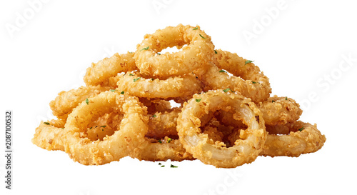 Foto Crispy fried calamari onion rings pile seafood appetizer