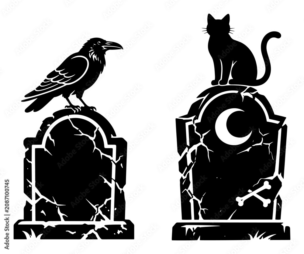 Fototapeta premium Spooky tombstones with raven and black cat in black and white silhouette style