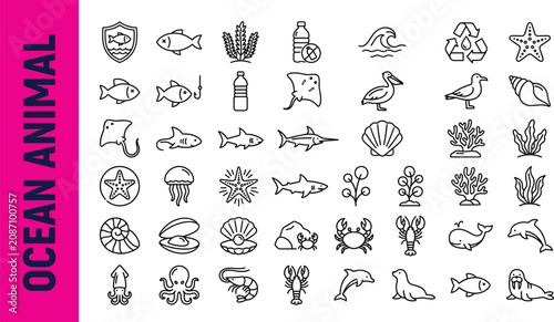 Foto Ocean animal line icon set featuring fish shark dolphin whale octopus crab sting