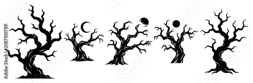 Photography Twisted spooky trees with moon phases collection in silhouette vector style