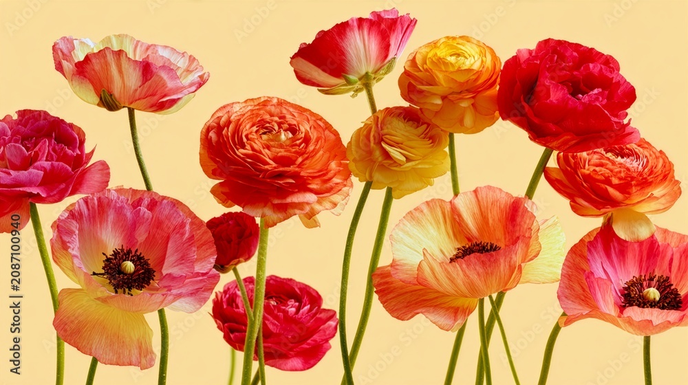 Obraz premium Colorful Bouquet of Peonies and Poppies against a Yellow Background