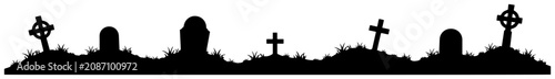 Photos Graveyard panorama with tombstones and crosses on grassy hill in stencil style
