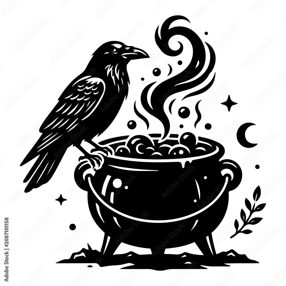 Fototapeta premium Raven perched on witch cauldron with magic steam and crescent moon silhouette style