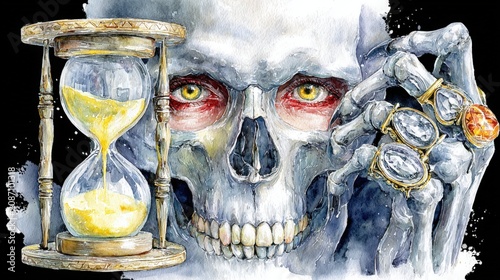 Skull holding hourglass and rings with a dark background at night