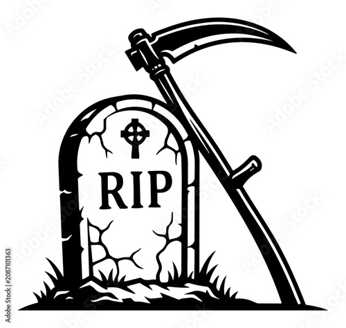 Obraz na plátně Tombstone with RIP text and scythe in bold graveyard silhouette style