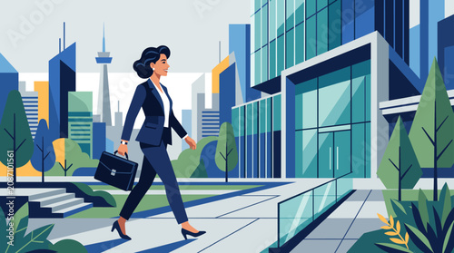Obraz na płótnie Businesswoman walking in cityscape with skyscrapers and greenery
