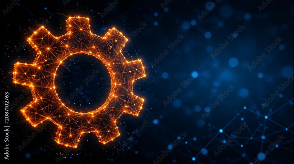 Fototapeta premium Orange gear lights up and connects to digital network of lines and particles.
