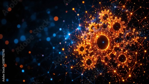 Orange gear lights up and connects to digital network of lines and particles.