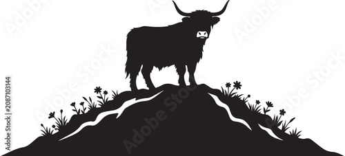 Tableau sur toile Black bull standing on hill, mountain landscape, animal silhouette, nature scene