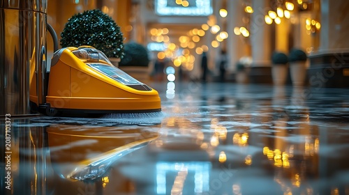 Automatic Floor Scrubber Cleaning Shiny Lobby.